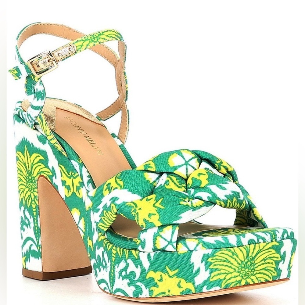 Antonio Melani Bold floral platform sandals green and yellow pattern